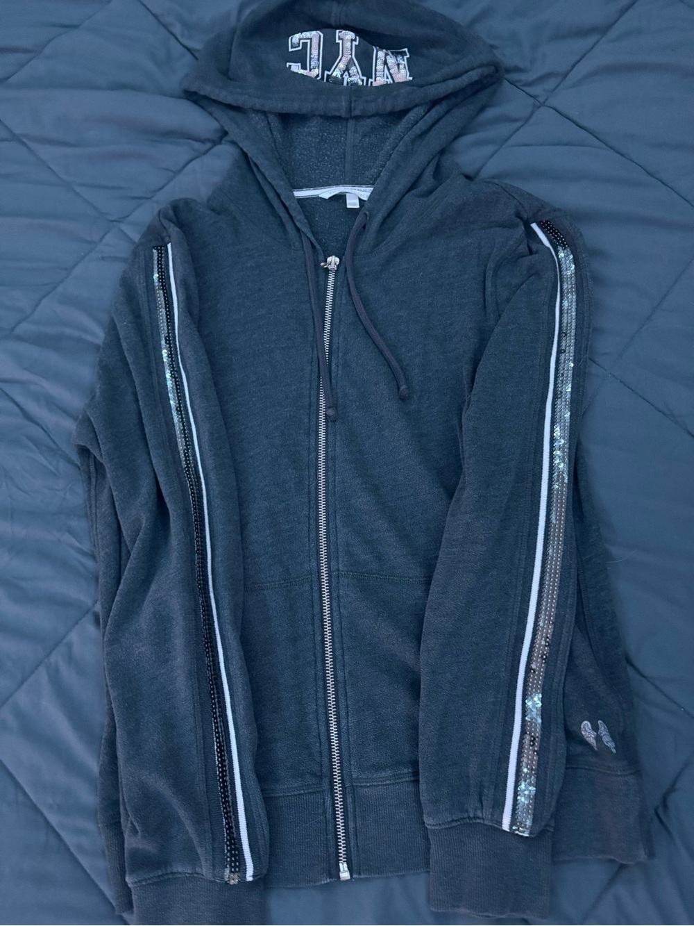 Victoria's Secret Black Zip-Up Hoodie with Sequin Sleeve Stripes